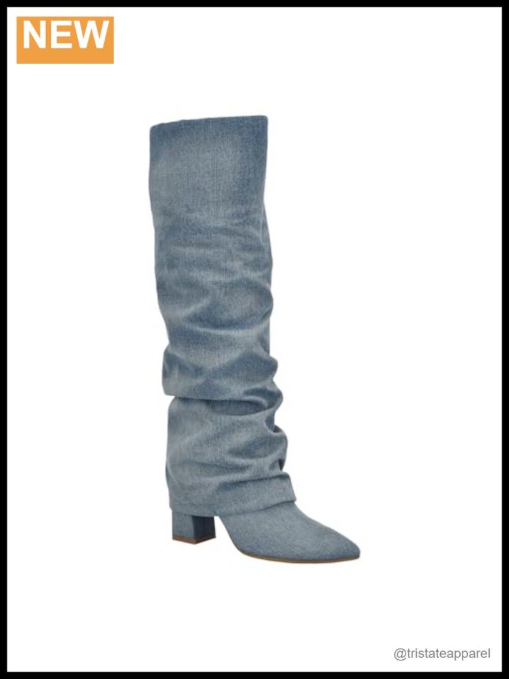 GUESS Geima Wide Calf Knee High Fold Over Block Heel Boots Denim Textile